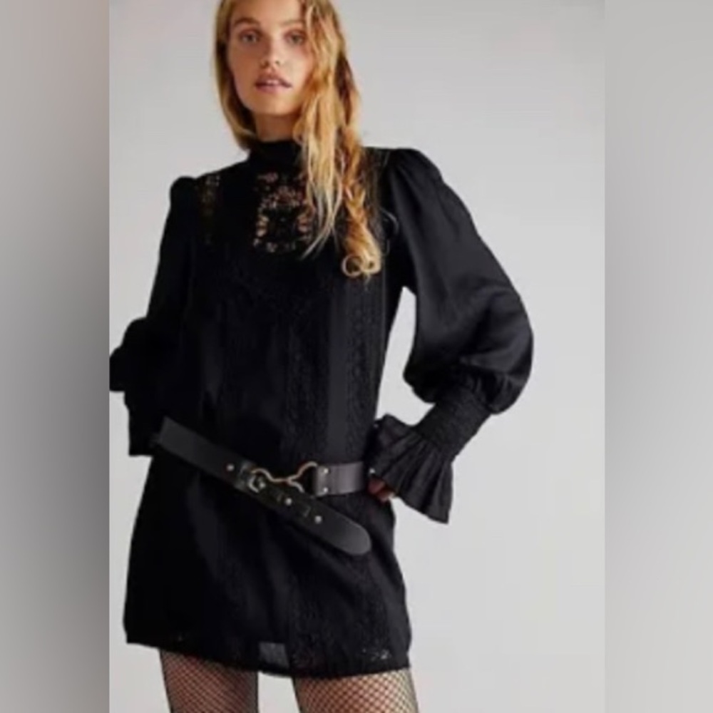 Free People black Vienna crochet mini shirt dress, size medium.